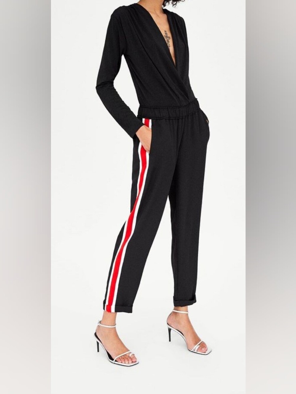 🌼5/$20 Revamped Black Jumpsuit with Red & White Side Stripes